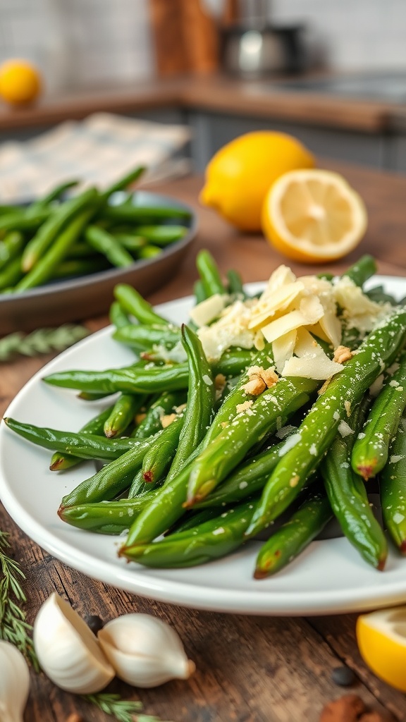 Baked green beans topped with Parmesan cheese on a rustic wooden table, accompanied by garlic and lemon.